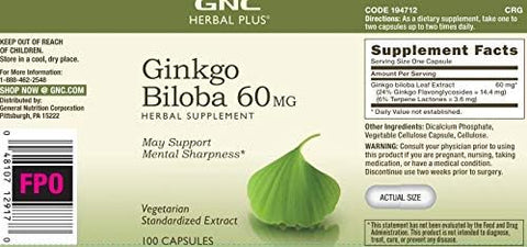 GNC Ginkgo Biloba 60mg 100 Capsules