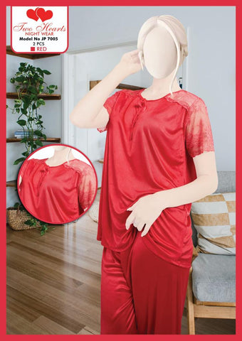 2 Hearts Silk Night suit for women red (Model JE-7005)