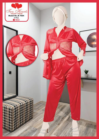2 Hearts Silk Night suit for women Red (Model JE-7004)