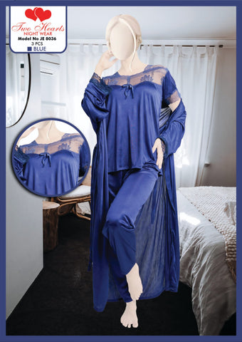 2 Hearts Silk Night suit for women Blue (Model JE-8036)