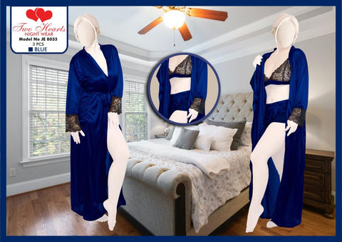 2 Hearts Silk Night suit for women Blue (Model JE-8033)