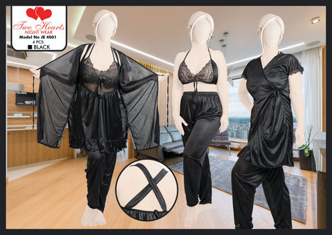 2 Hearts Silk Night suit for women Black (Model JE-4001)