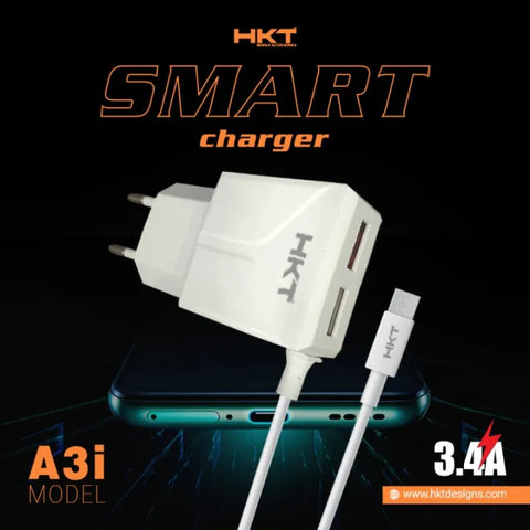 HKT Dual Port 3.4A A3i USB Fast Charger With Attach Cable