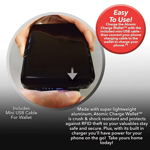 Atomic Charge Wallet Portable Battery Power Bank, Bifold Wallet with RFID Protection & Security