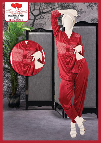 2 Hearts Silk Night suit for women Meroon (Model JE-7004)
