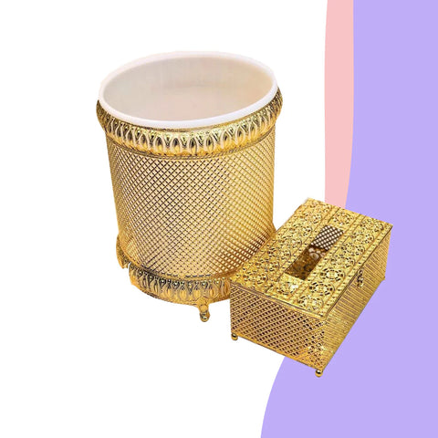 Golden Dustbin With Tissue Box