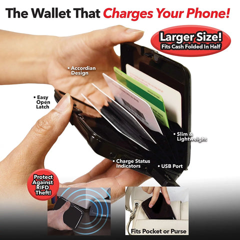 Atomic Charge Wallet Portable Battery Power Bank, Bifold Wallet with RFID Protection & Security