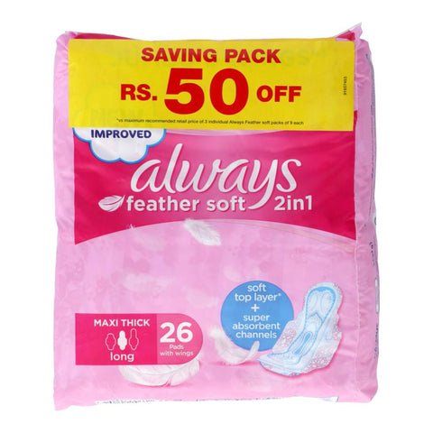 Always Feather Soft Pad 2In1 Maxi Thick Long 26 Pcs With Win