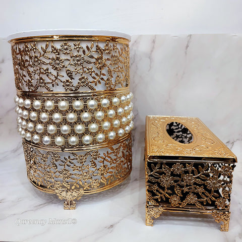 Fancy Waste Bin And Tissue Box Golden